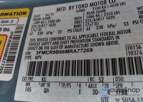 2021 Ford Bronco Sport Big Bend из США, поврежденный, VIN 3FMCR9B66MRA77269